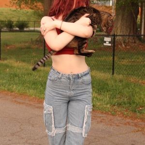 Light wash high waisted carpenter flare jeans with pockets